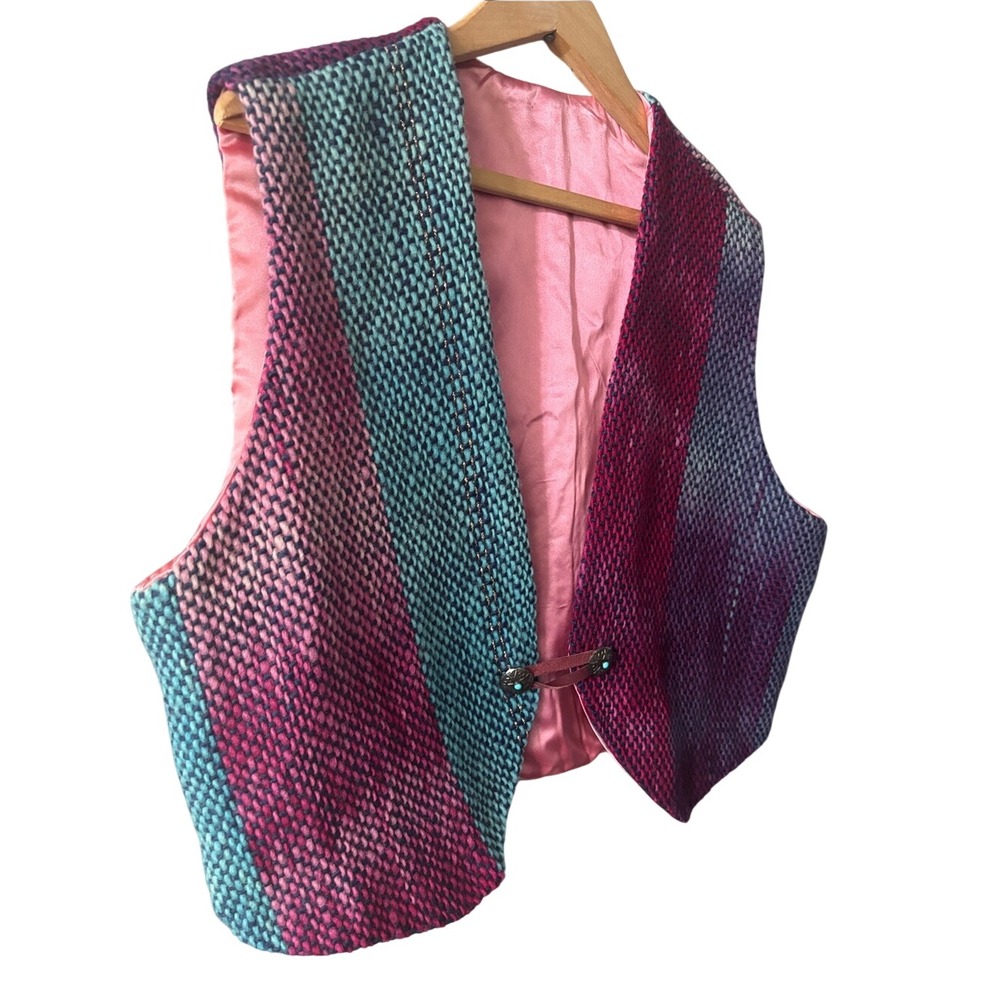 Women's SZ Large/XL Handwoven Multicolor Textured Vest w/Pink Lining Boho Ombre - Picture 3 of 12
